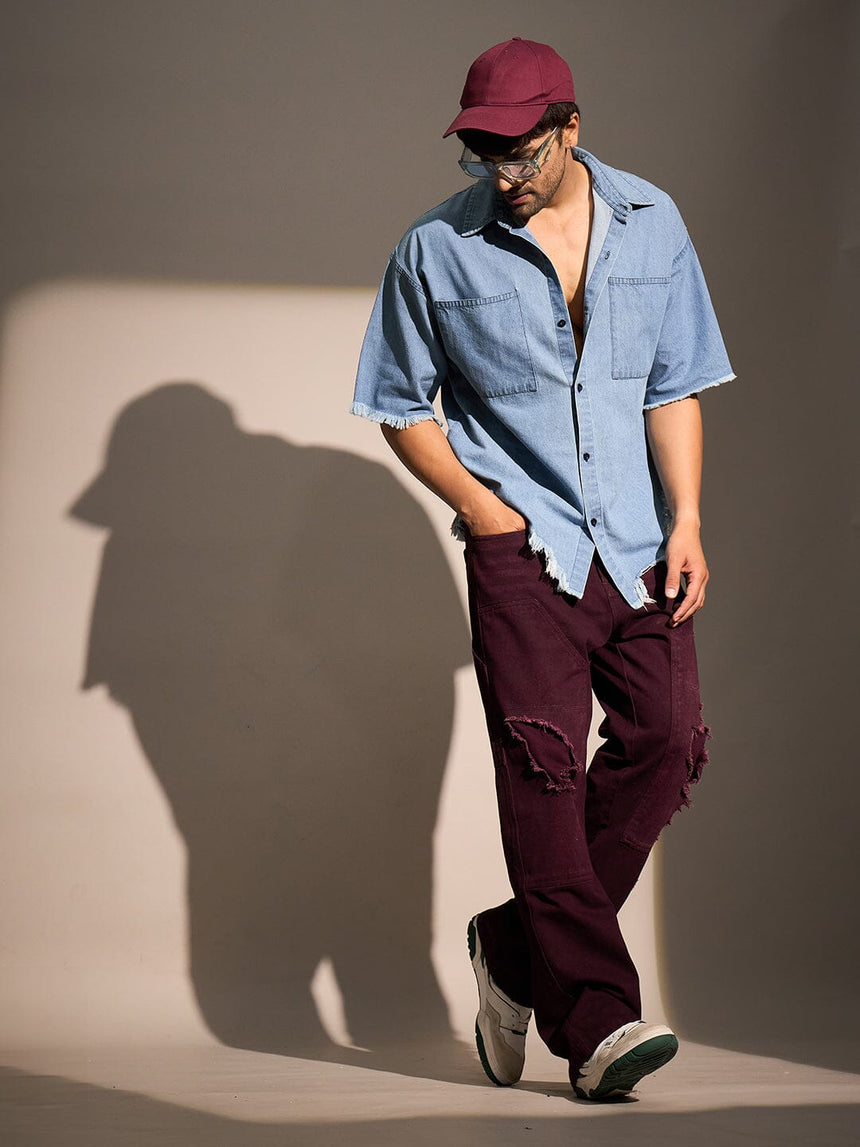 Ice Damaged Hem Short Sleeve Oversized Shirt Shirts Fugazee