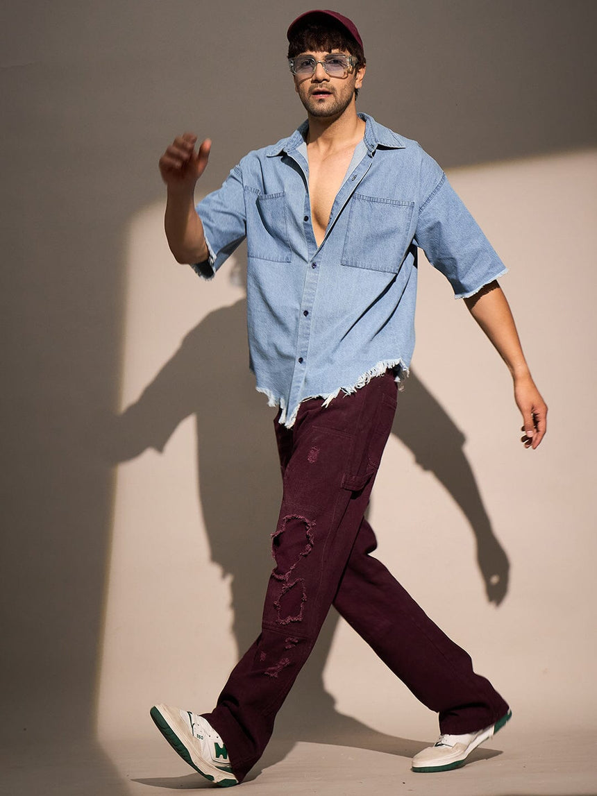 Ice Damaged Hem Short Sleeve Oversized Shirt Shirts Fugazee