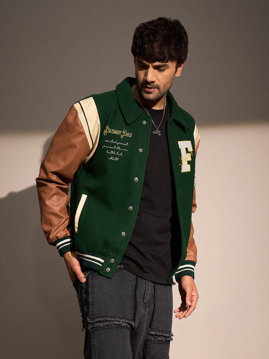 Green Statement Woollen Varsity Jacket Jackets Fugazee