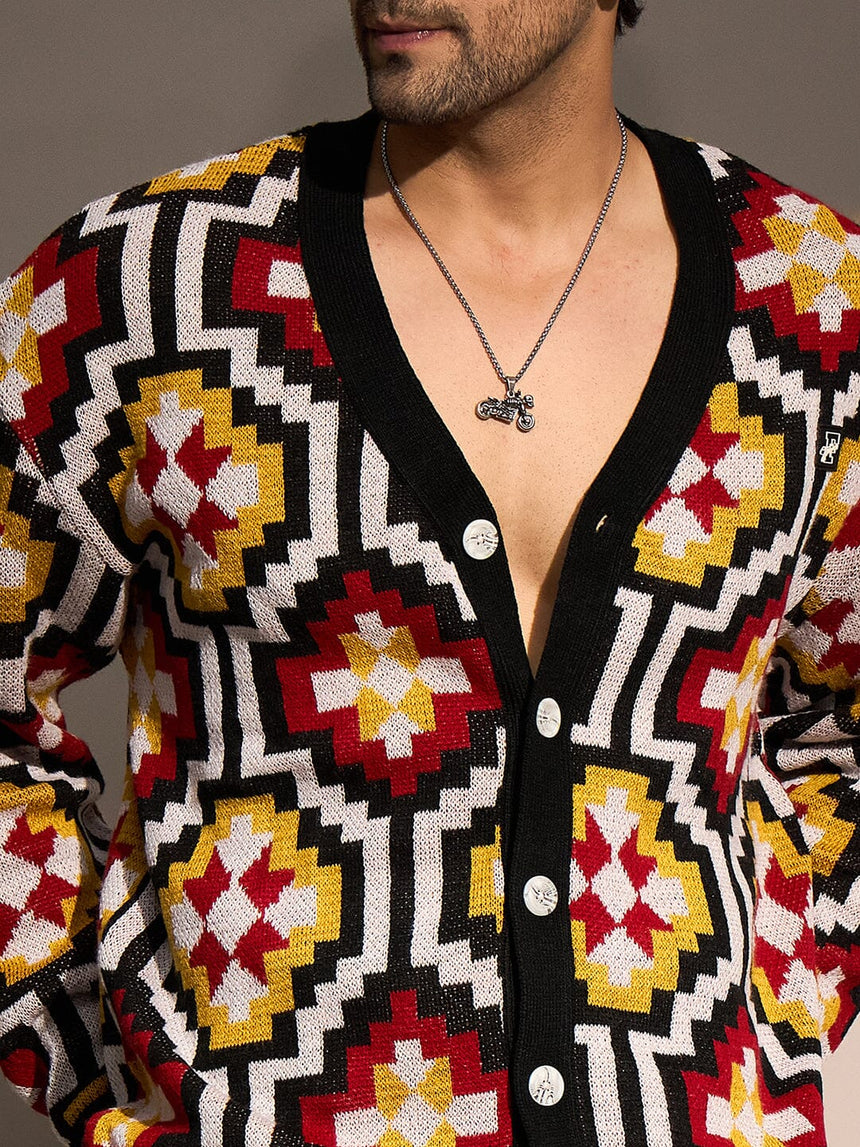 Black Geometric Pattern Cardigan Sweaters Fugazee