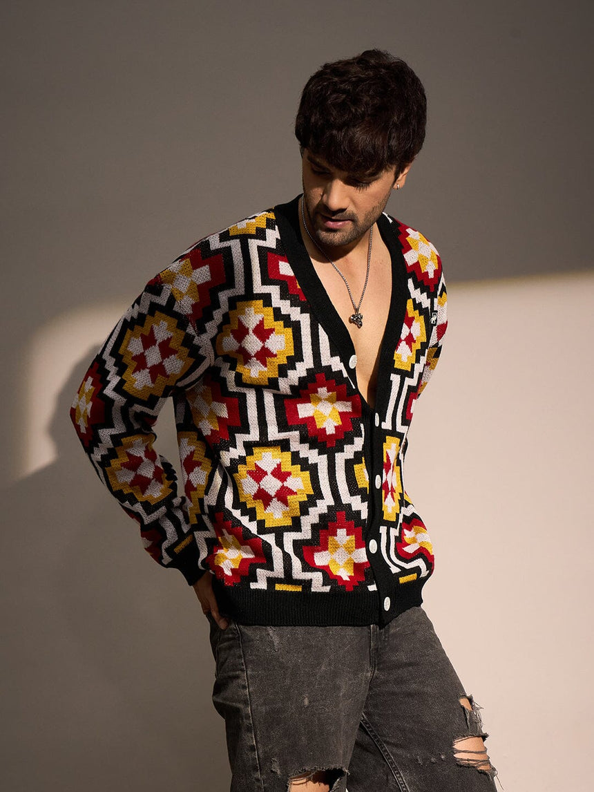 Black Geometric Pattern Cardigan Sweaters Fugazee