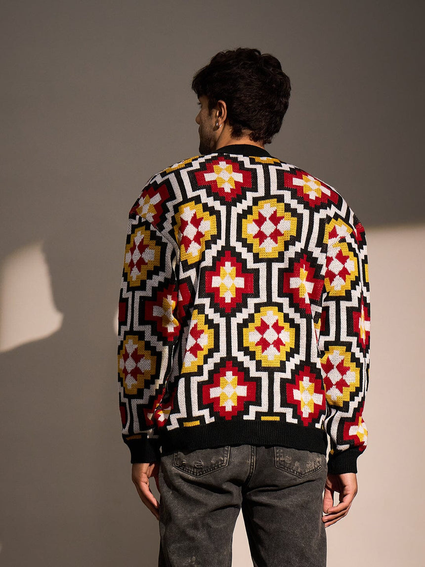 Black Geometric Pattern Cardigan Sweaters Fugazee