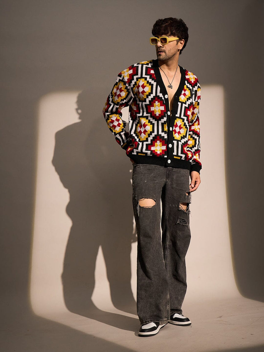 Black Geometric Pattern Cardigan Sweaters Fugazee