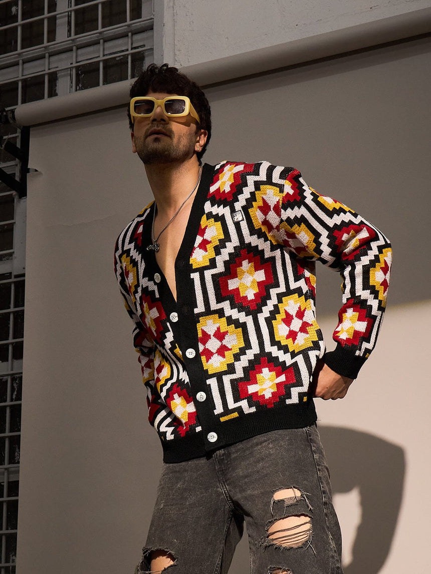 Black Geometric Pattern Cardigan Sweaters Fugazee