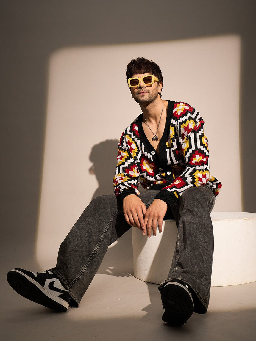 Black Geometric Pattern Cardigan Sweaters Fugazee