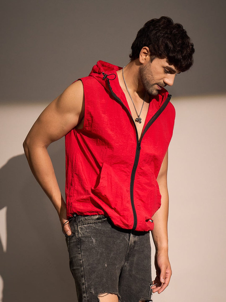 Red Crushed Nylon Sleeveless Windbreaker Jacket Jackets Fugazee