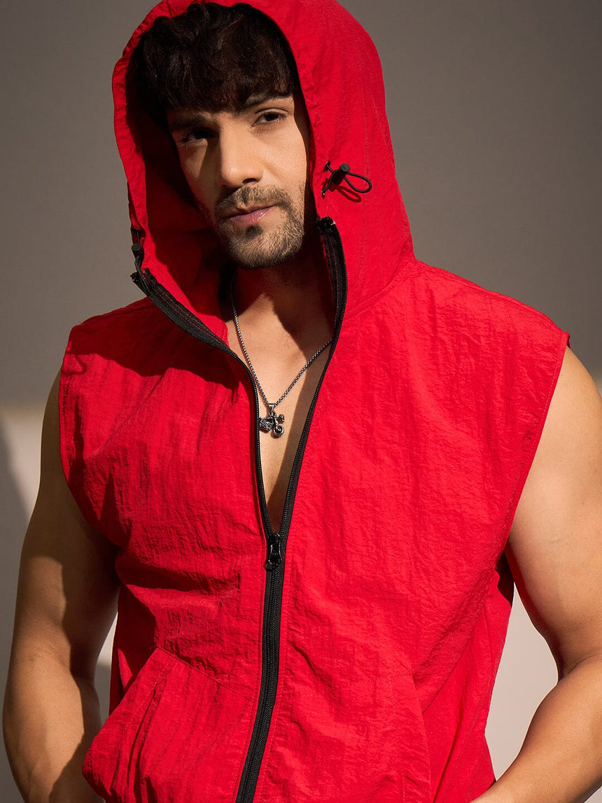 Red Crushed Nylon Sleeveless Windbreaker Jacket Jackets Fugazee