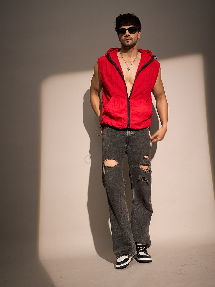 Red Crushed Nylon Sleeveless Windbreaker Jacket Jackets Fugazee