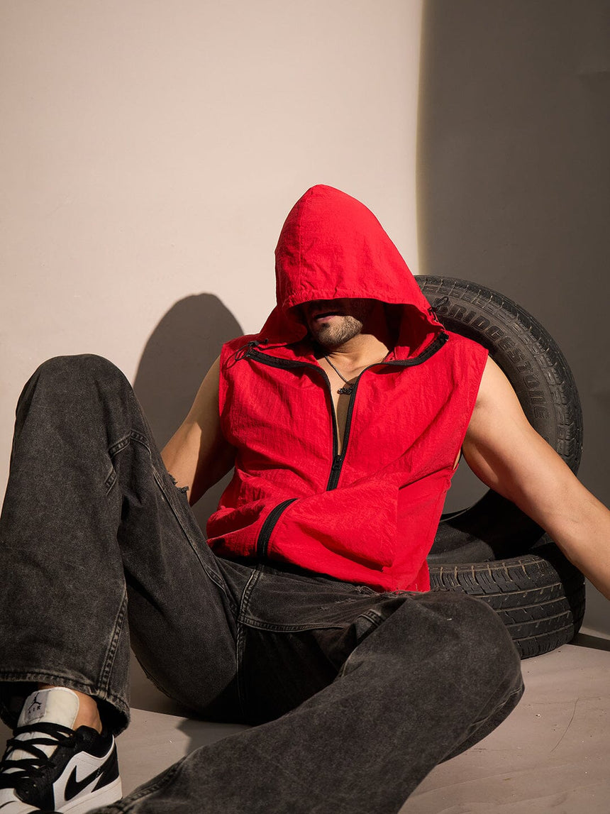 Red Crushed Nylon Sleeveless Windbreaker Jacket Jackets Fugazee