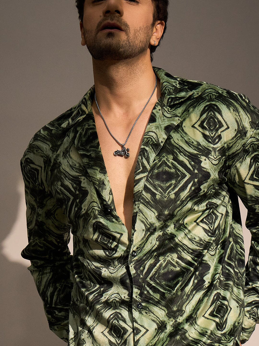 Green Textured Velveteen Cuban Shirt Shirts Fugazee