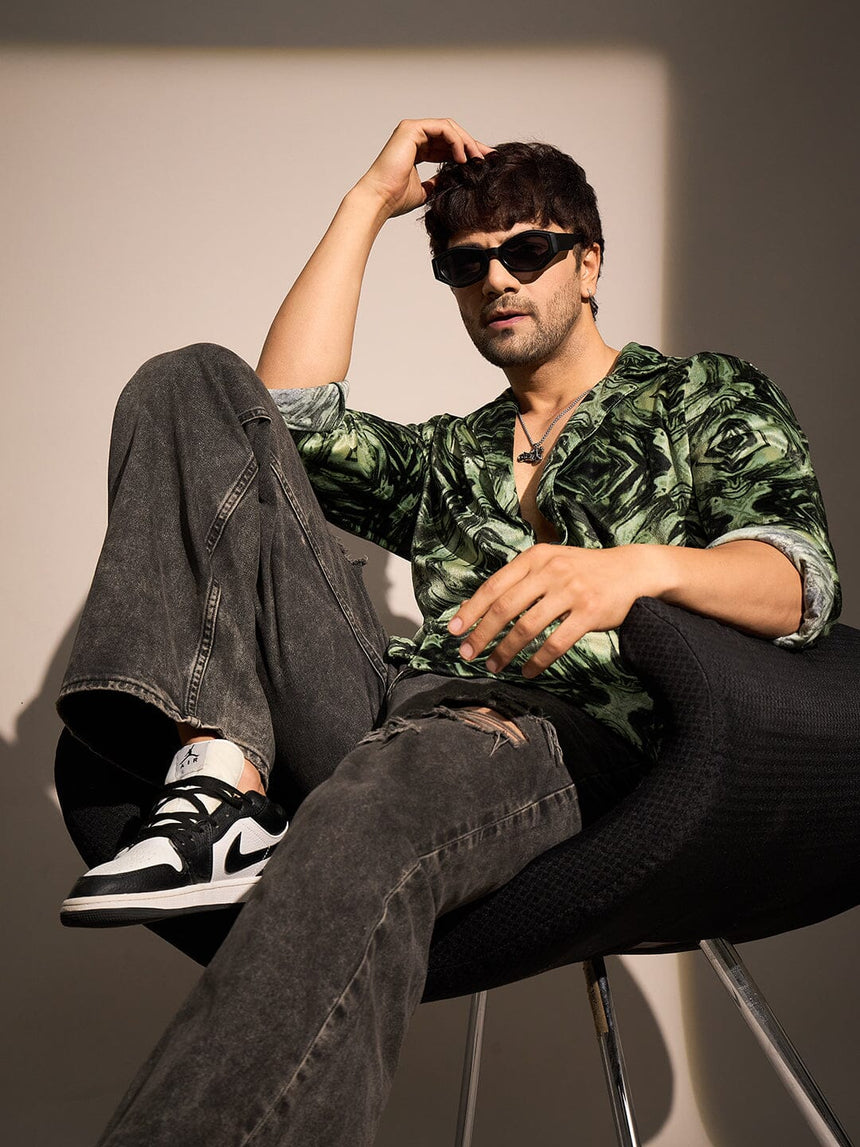 Green Textured Velveteen Cuban Shirt Shirts Fugazee