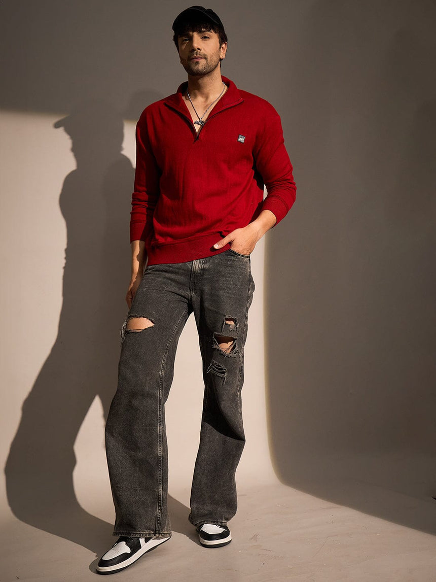 Red Turtle Neck Quarter Zip Sweater Sweaters Fugazee