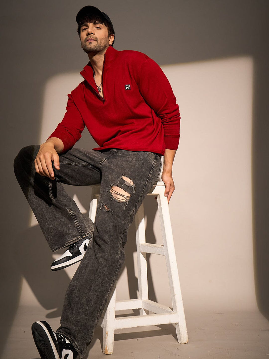 Red Turtle Neck Quarter Zip Sweater Sweaters Fugazee