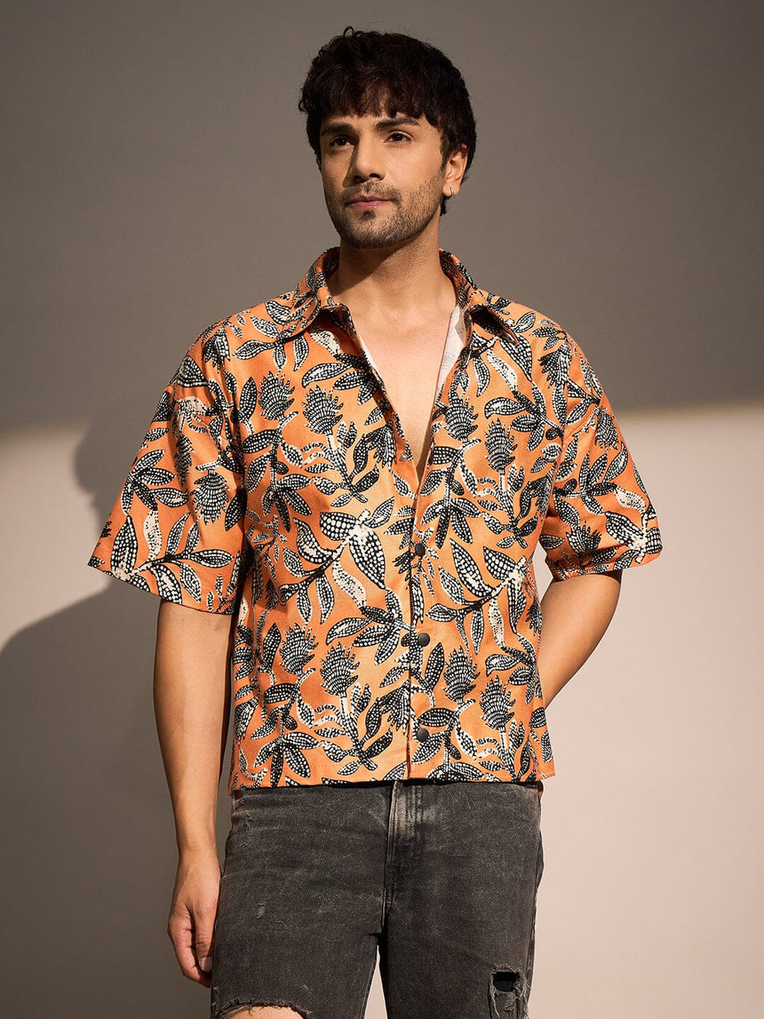 Orange Floral Print Cropped Shirt Shirts Fugazee