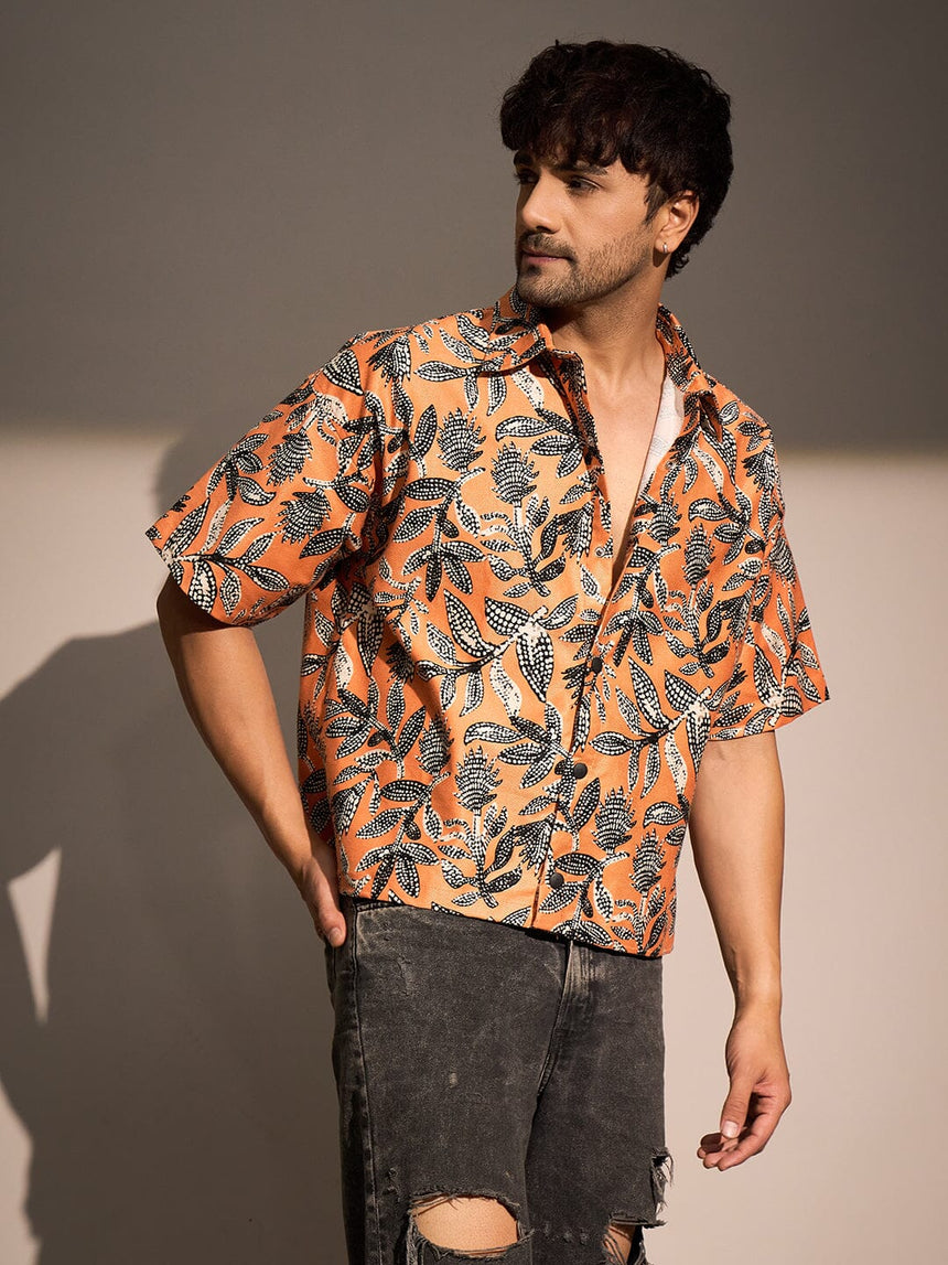 Orange Floral Print Cropped Shirt Shirts Fugazee