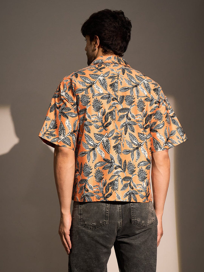 Orange Floral Print Cropped Shirt Shirts Fugazee