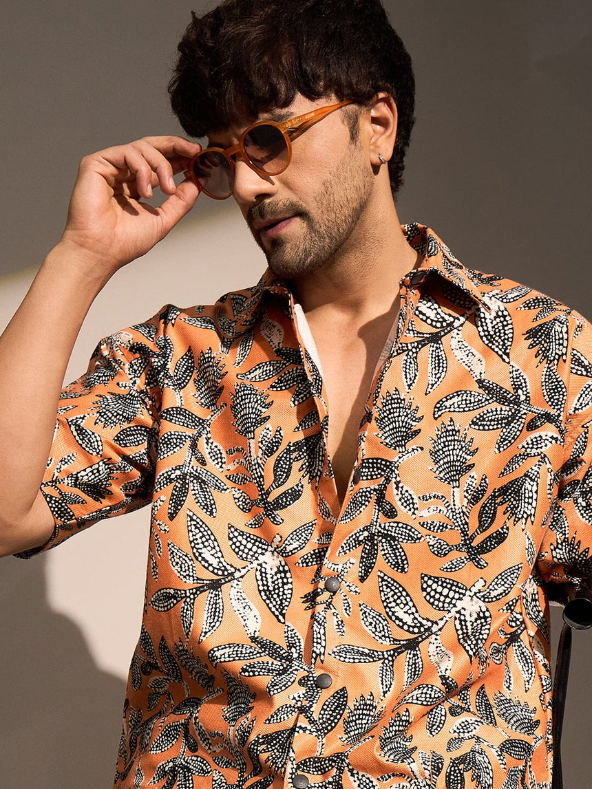 Orange Floral Print Cropped Shirt Shirts Fugazee