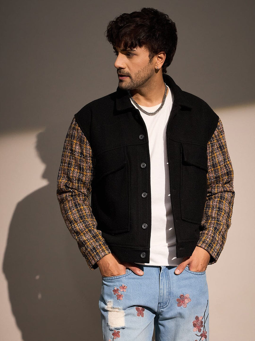 Black Woollen Contrast Sleeves Aviator Jacket Jackets Fugazee