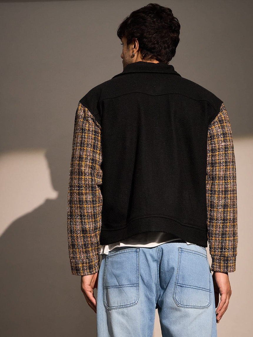 Black Woollen Contrast Sleeves Aviator Jacket Jackets Fugazee