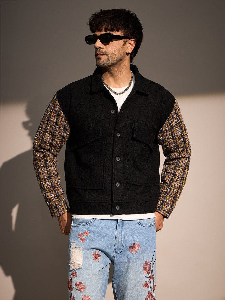 Black Woollen Contrast Sleeves Aviator Jacket Jackets Fugazee