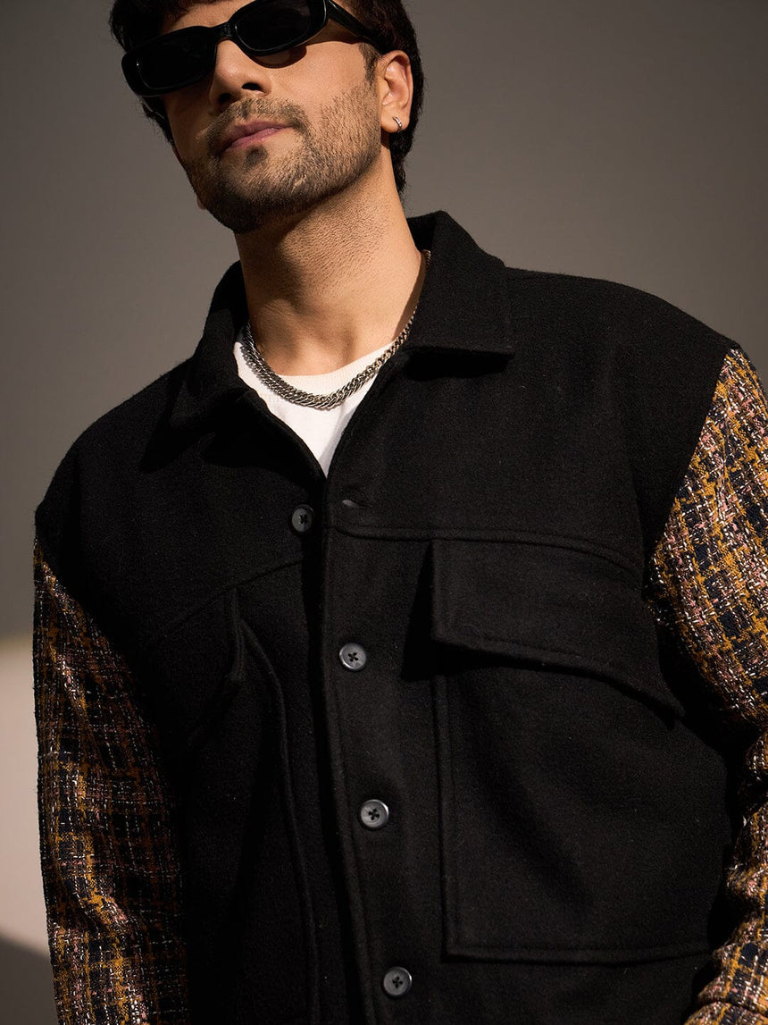 Black Woollen Contrast Sleeves Aviator Jacket Jackets Fugazee