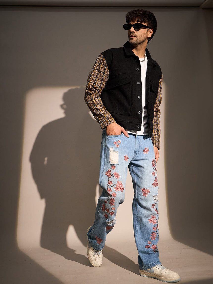 Black Woollen Contrast Sleeves Aviator Jacket Jackets Fugazee