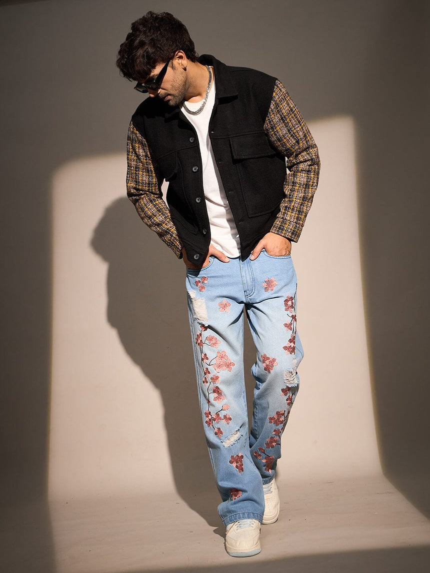 Black Woollen Contrast Sleeves Aviator Jacket Jackets Fugazee