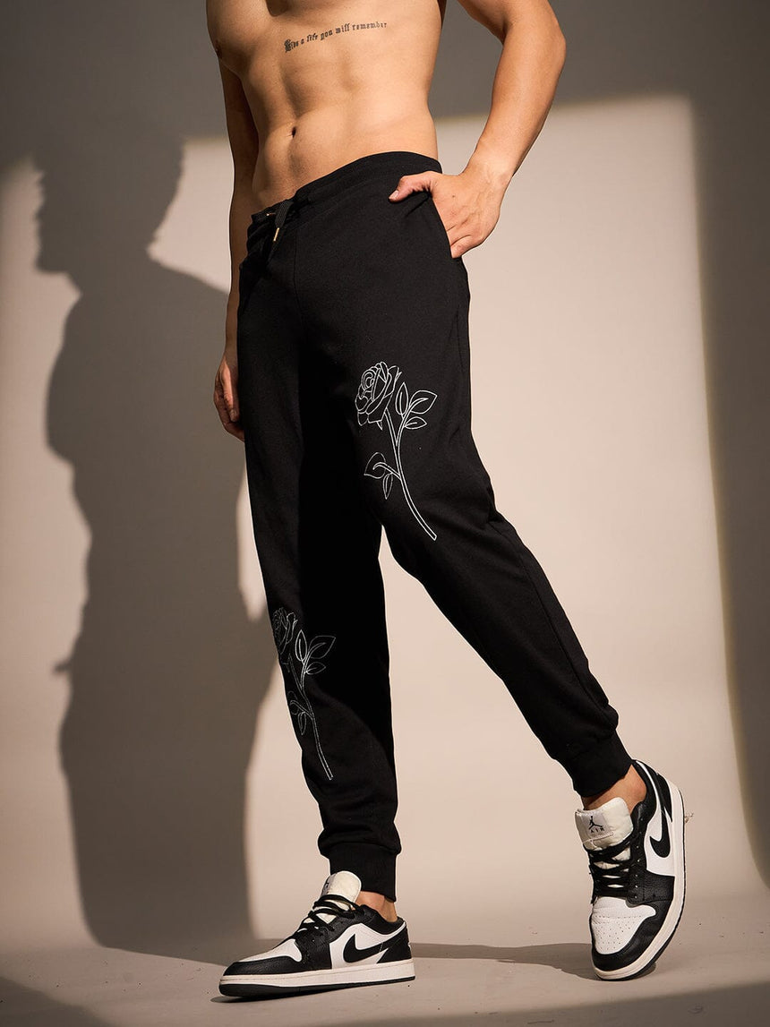 Black Rose Embroidered Relaxed Fit Joggers Trackpants Fugazee