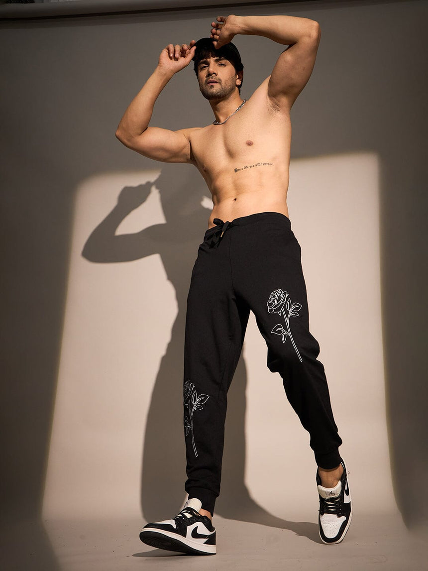 Black Rose Embroidered Relaxed Fit Joggers Trackpants Fugazee