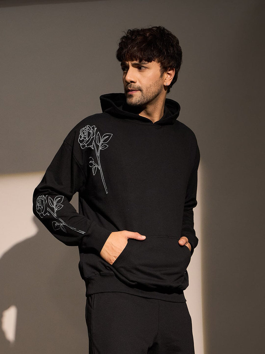 Black Rose Embroidered Oversized Hoodie Sweatshirts Fugazee