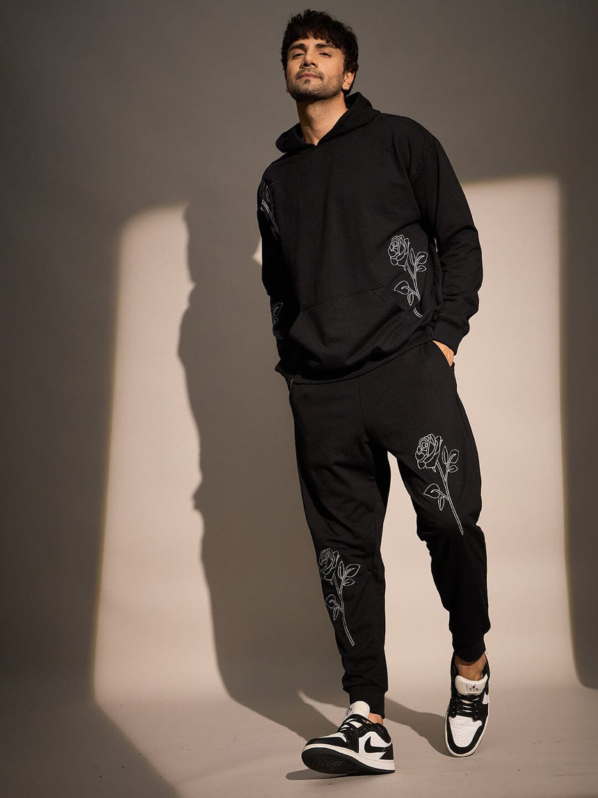 Black Rose Embroidered Oversized Hoodie Sweatshirts Fugazee