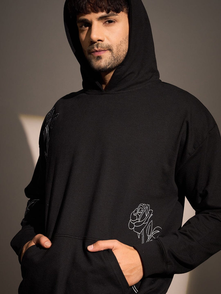Black Rose Embroidered Oversized Hoodie Sweatshirts Fugazee