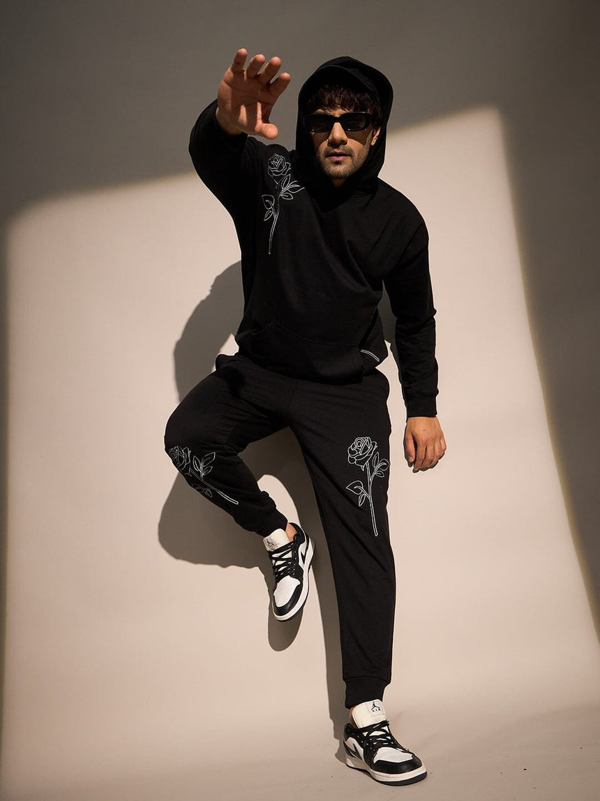 Black Rose Embroidered Oversized Tracksuit Tracksuits Fugazee