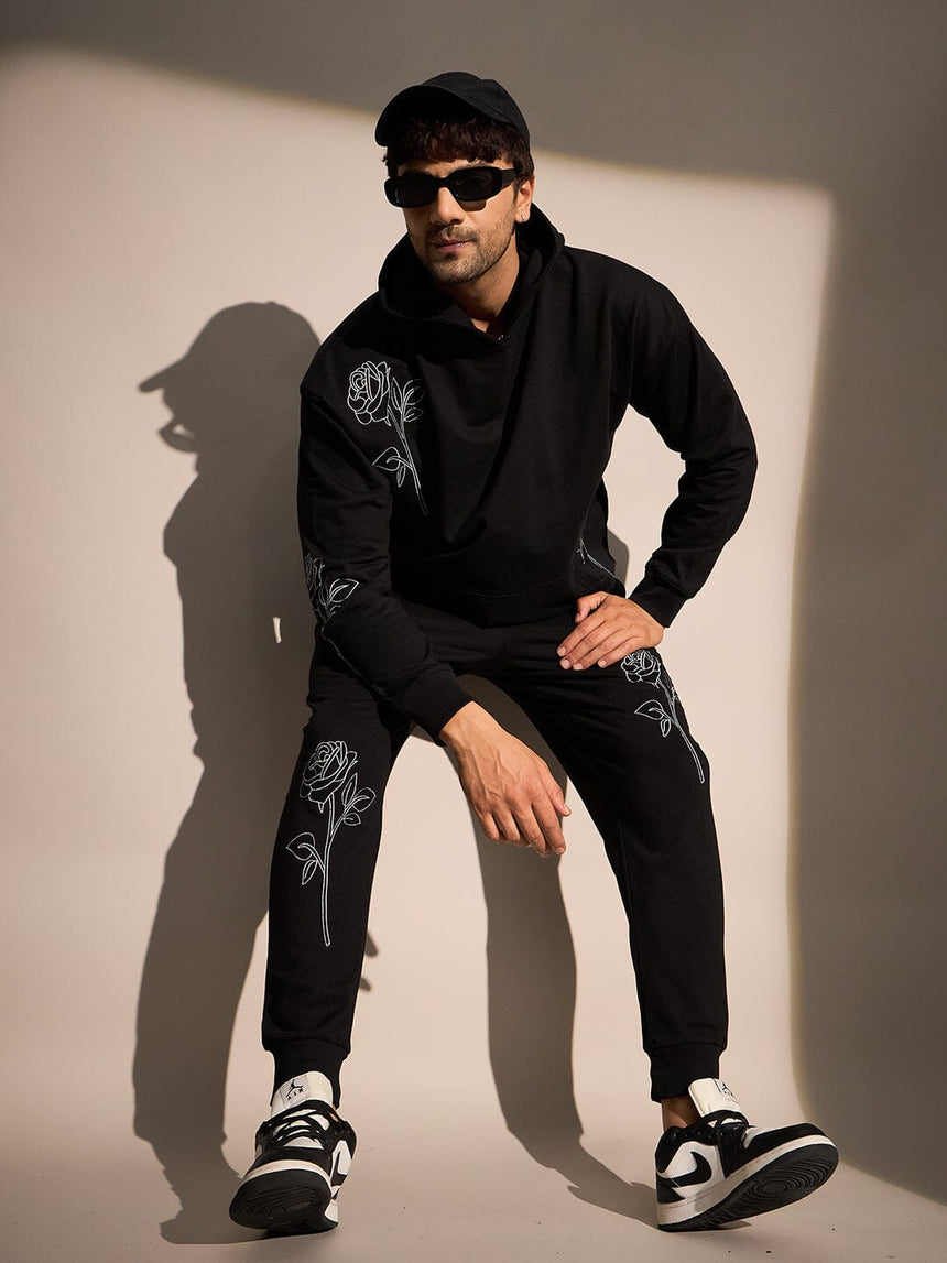 Black Rose Embroidered Oversized Hoodie Sweatshirts Fugazee