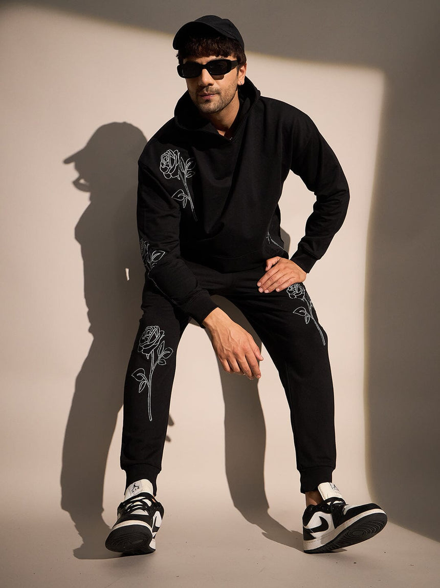 Black Rose Embroidered Relaxed Fit Joggers Trackpants Fugazee