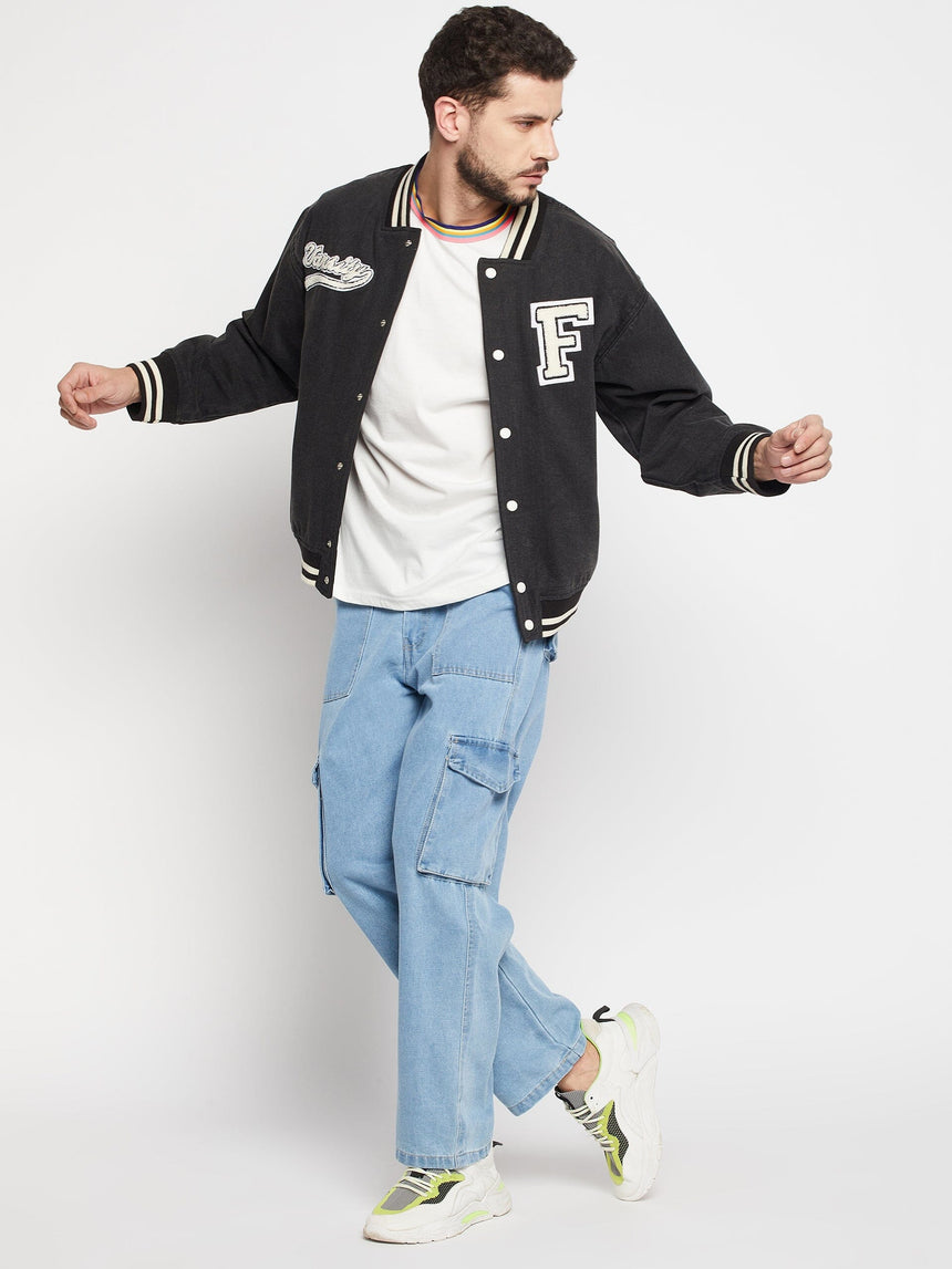 Grey Denim Varsity Jacket Jackets Fugazee