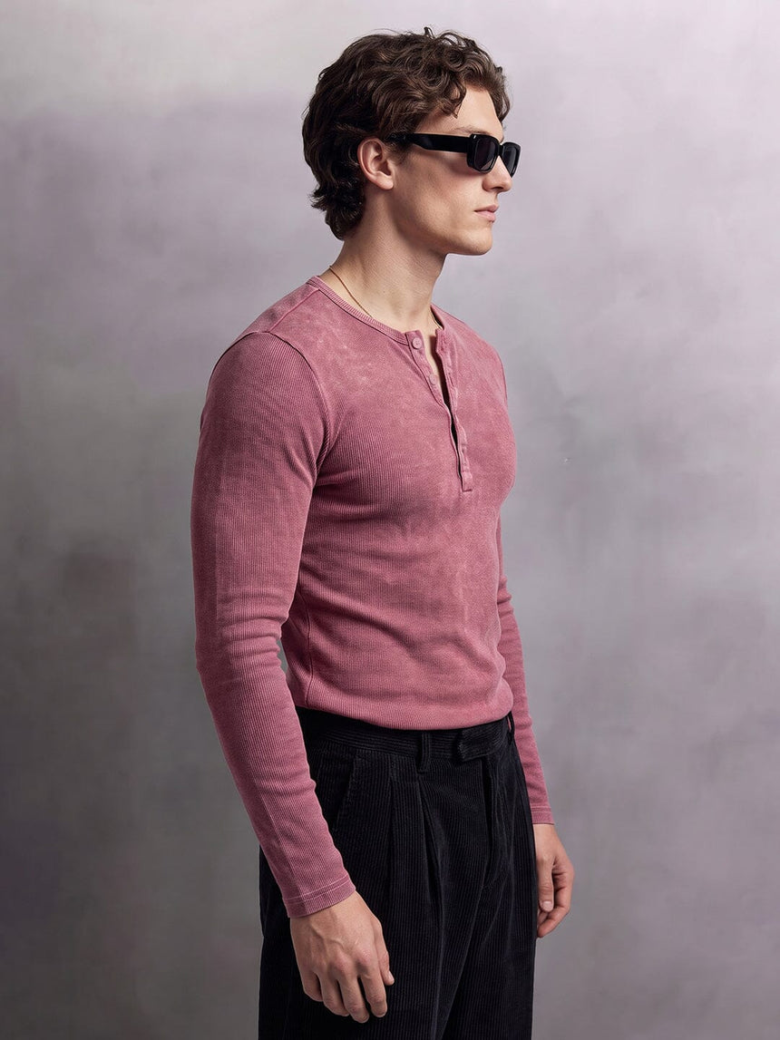 Crimson Acid Washed Ribbed Longsleeve Henley Tshirt T-Shirts Fugazee