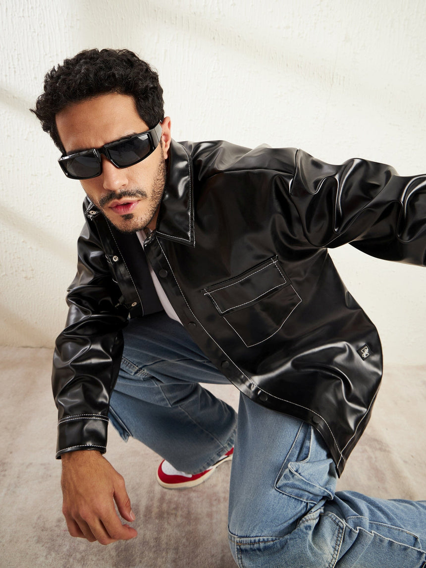 Black Contrast Stitch Pu OverShirt Shirts Fugazee