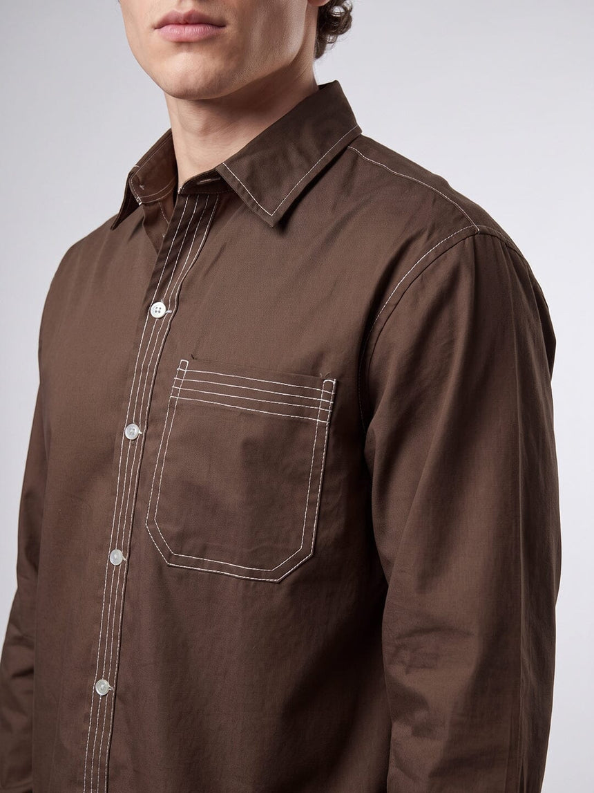 Brown Contrast Stitch Cropped Shirt Shirts Fugazee