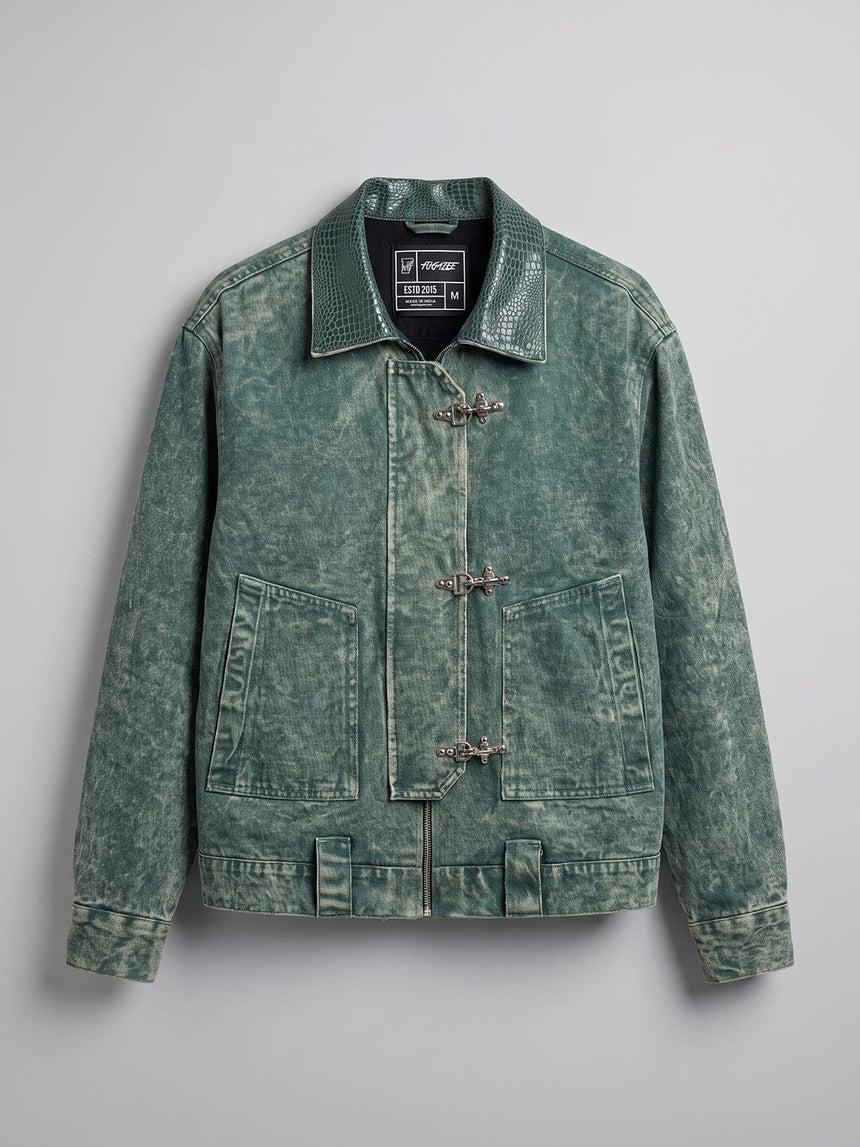 Green Grunge Fireman Clasp Denim Jacket Jackets Fugazee