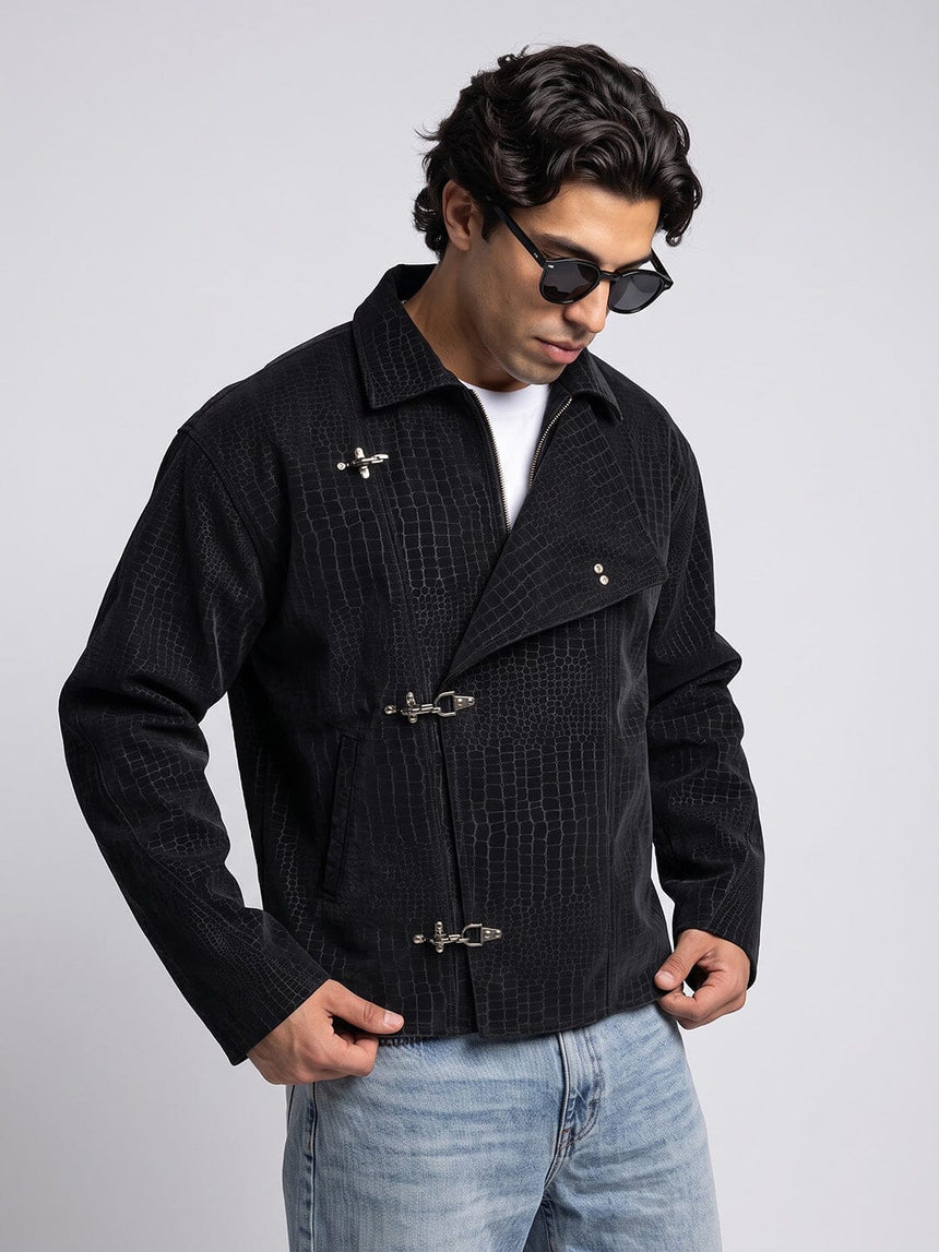 Black Croc Textured Fireman Clasp Harrington Jacket Jackets Fugazee