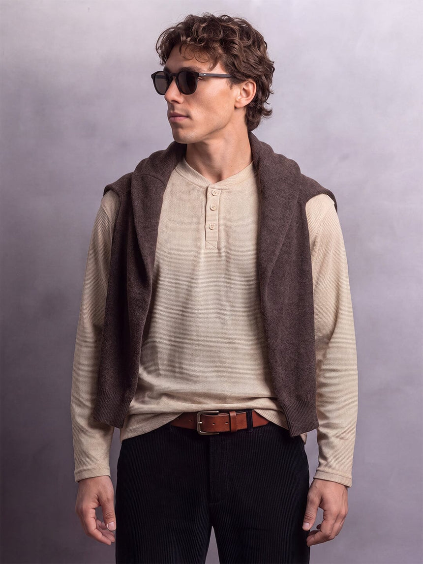 Beige Waffle Relaxed Henley Tshirt T-Shirts Fugazee
