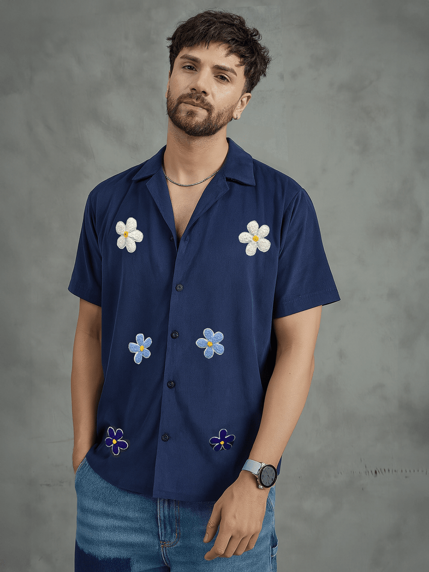 Navy Floral Applique Corduroy Shirt Shirts Fugazee