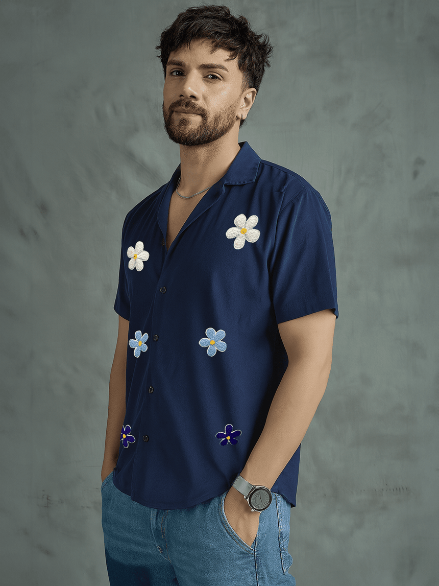 Navy Floral Applique Corduroy Shirt Shirts Fugazee
