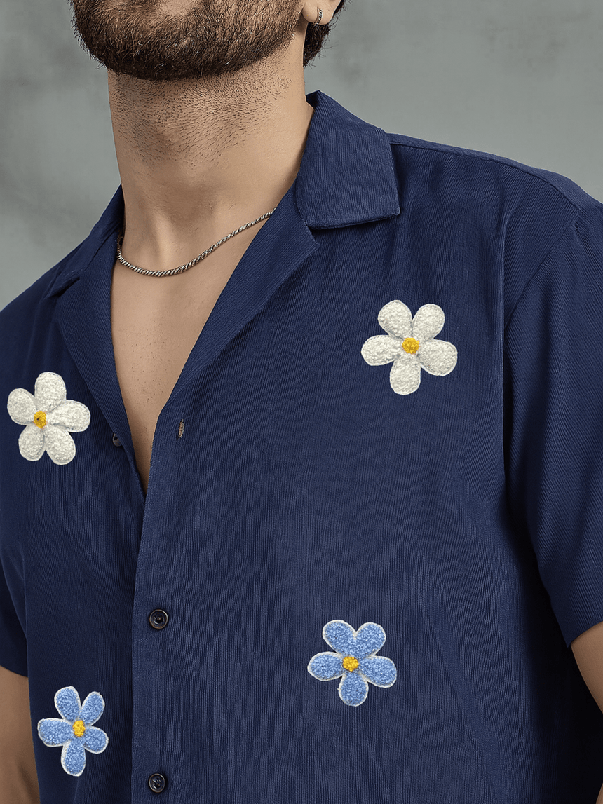 Navy Floral Applique Corduroy Shirt Shirts Fugazee