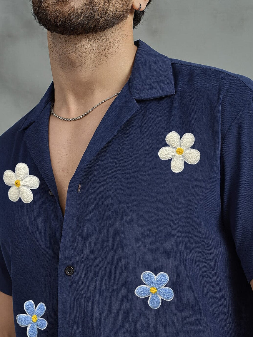 Navy Floral Applique Corduroy Shirt Shirts Fugazee