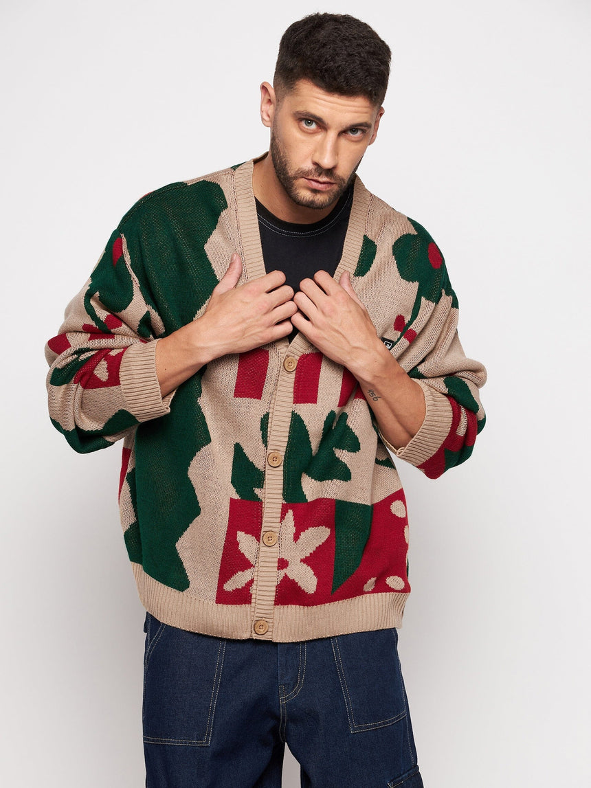 Beige Abstract Oversized Cardigan Sweaters Fugazee