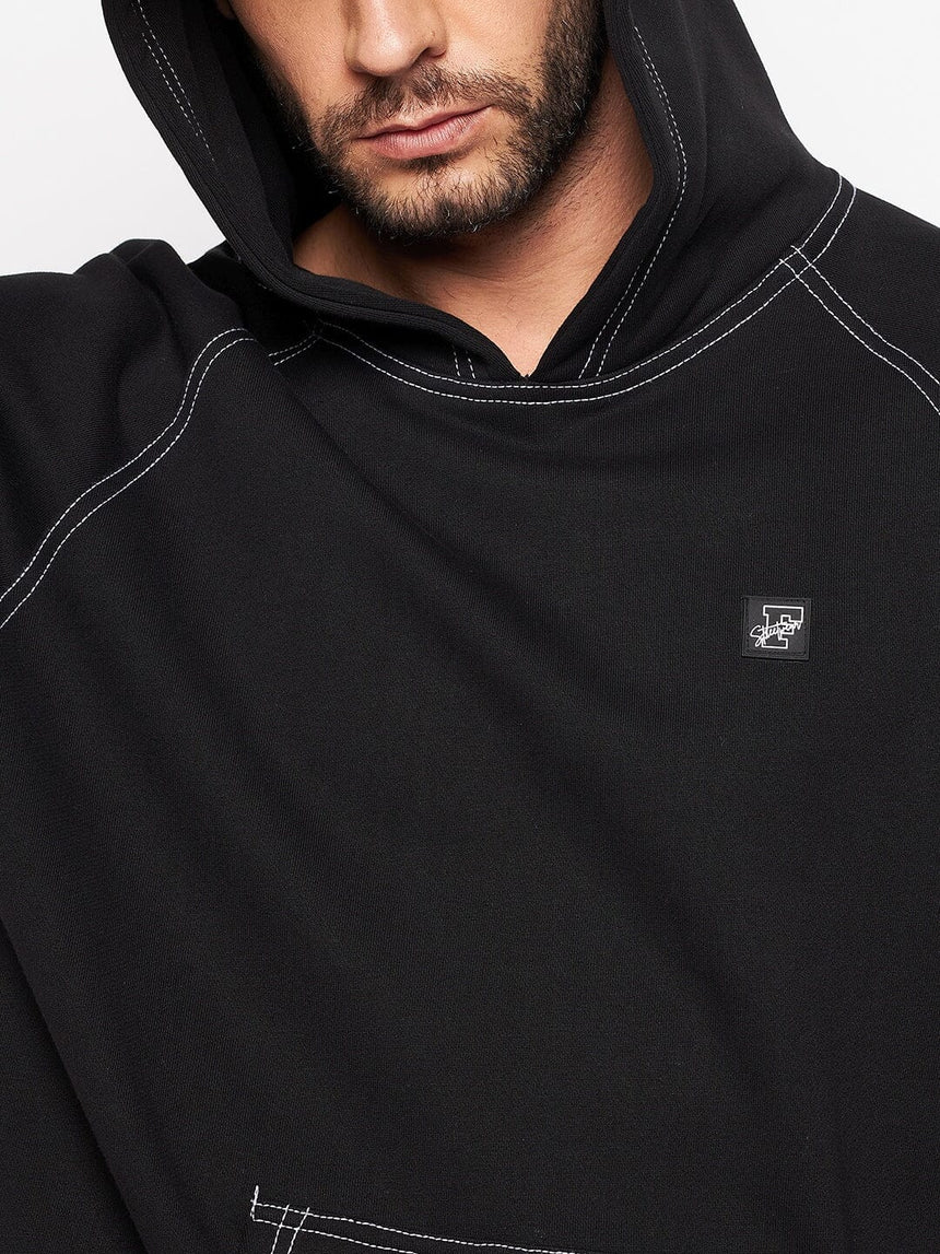 Black Oversized Contrast Stitch Hooded Sweatshirt Sweatshirts Fugazee