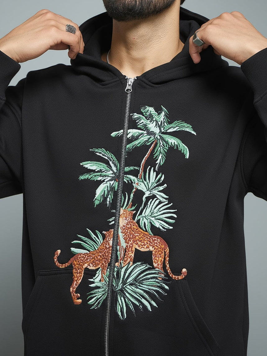 Black Tropical Tiger Embroidered Hoodie Sweatshirts Fugazee