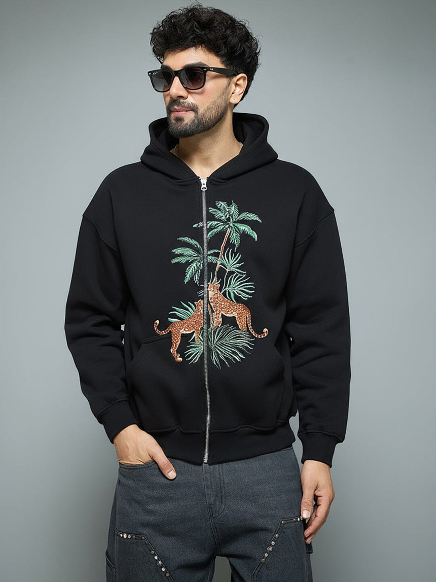 Black Tropical Tiger Embroidered Hoodie Sweatshirts Fugazee